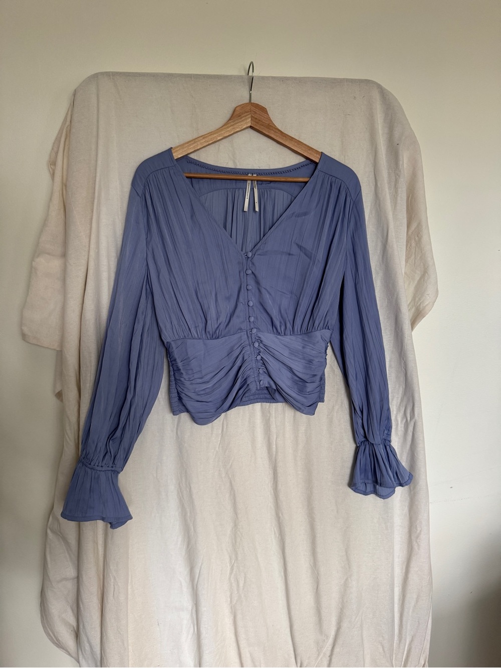 Anthropologie - Pleated V-Neck Button-Front Blouse in Dusty Blue